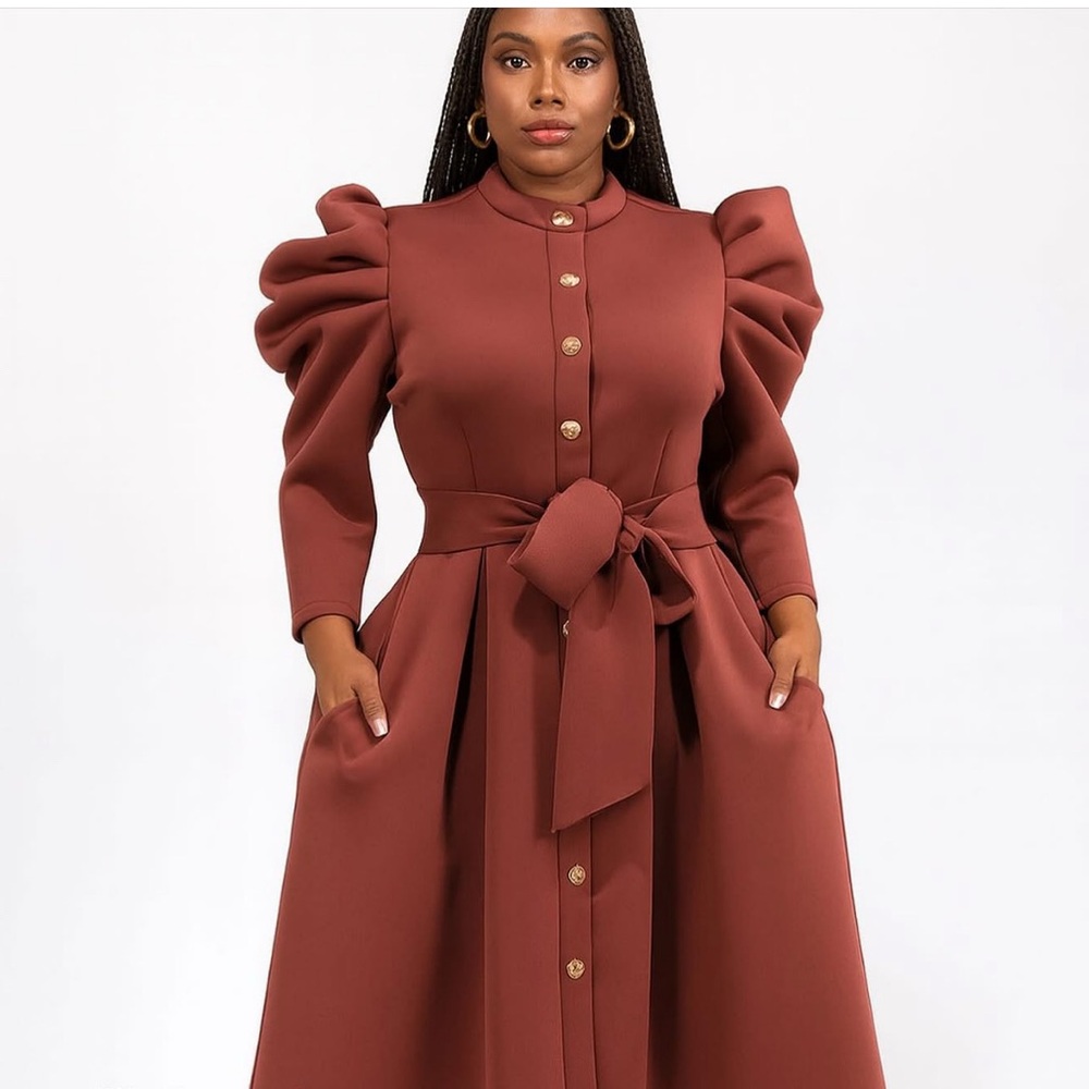 Women's Rust Puff-Sleeve Tie-Waist Midi Dress